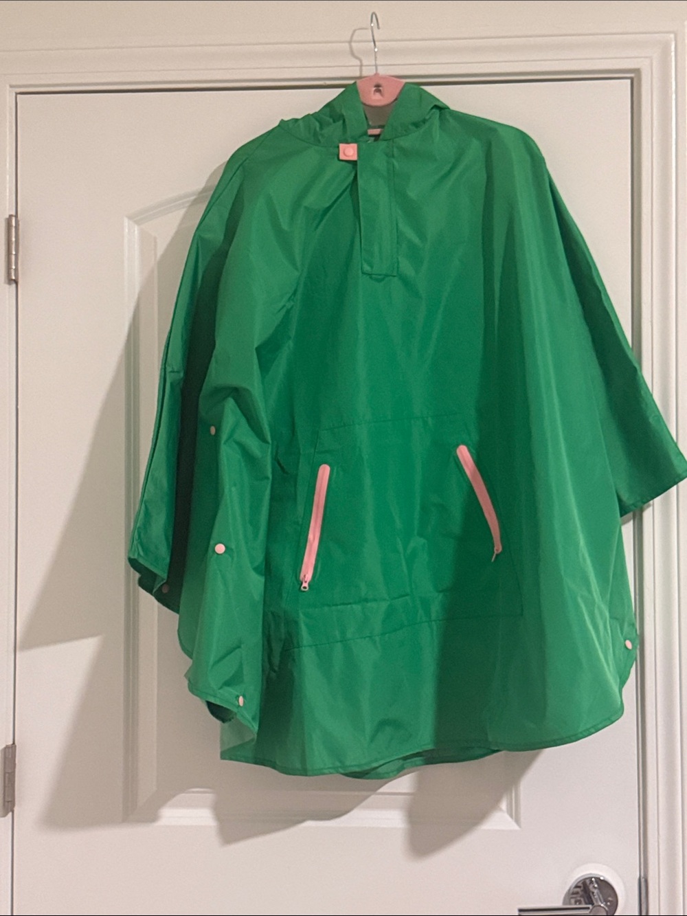 Green Hooded Rain Poncho with Pink Accents